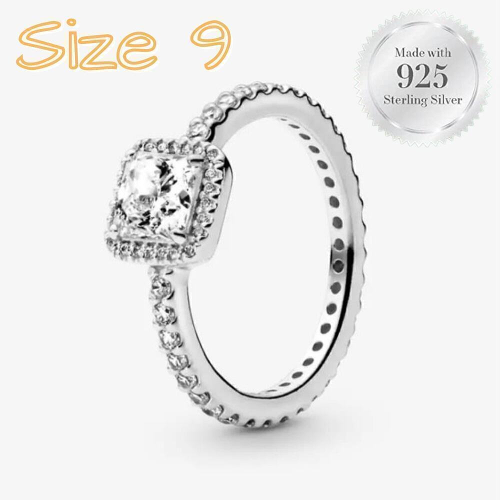 Size 9 Square CZ Sparkle Halo 925 Ring